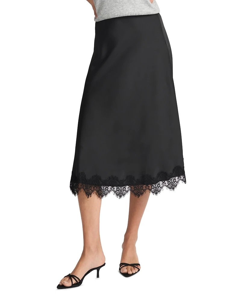 CeCe Women's Satin Lace Trim A-Line Midi Skirt