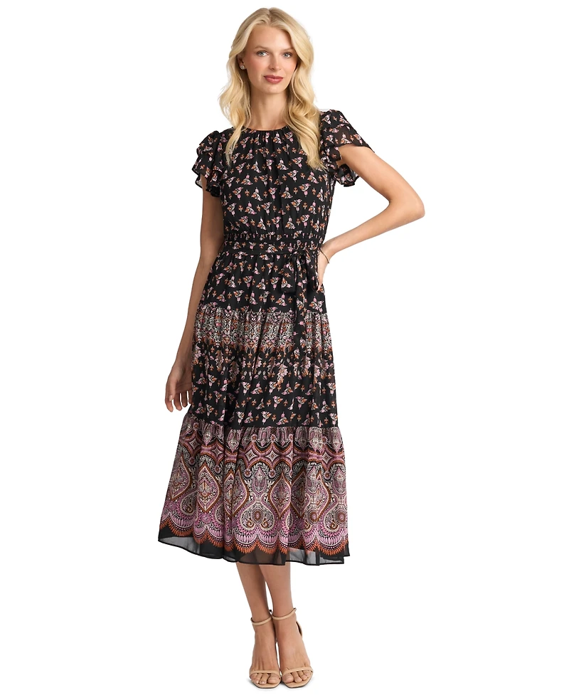 CeCe Women's Flutter-Sleeve Tie-Waist Midi Dress