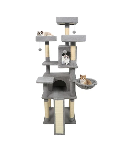Hongge 65 Inch Tall Cat Tree Featuring Three Upholstered Perches