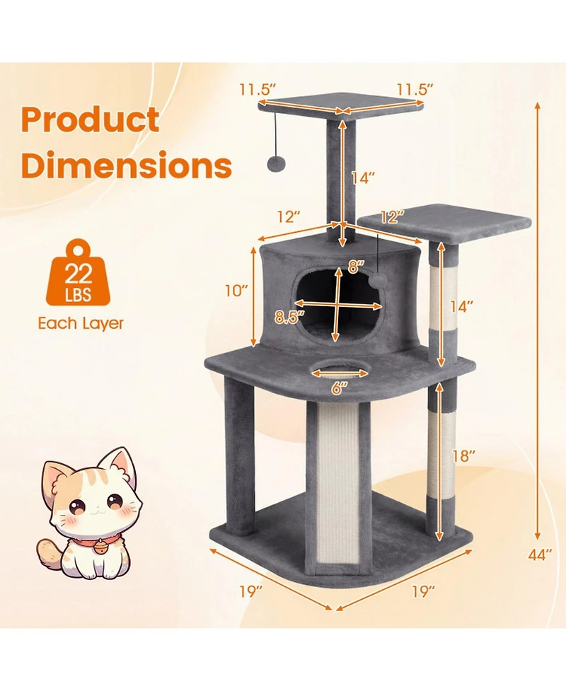 Hongge 44 Inch Kitten Tower with Sisal Scratching and Climbing Ramp