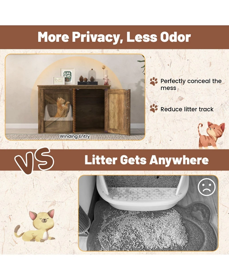 Hongge Flip-Top Hidden Cat Litter Box Enclosure with Double Barn Doors and Removable Divider
