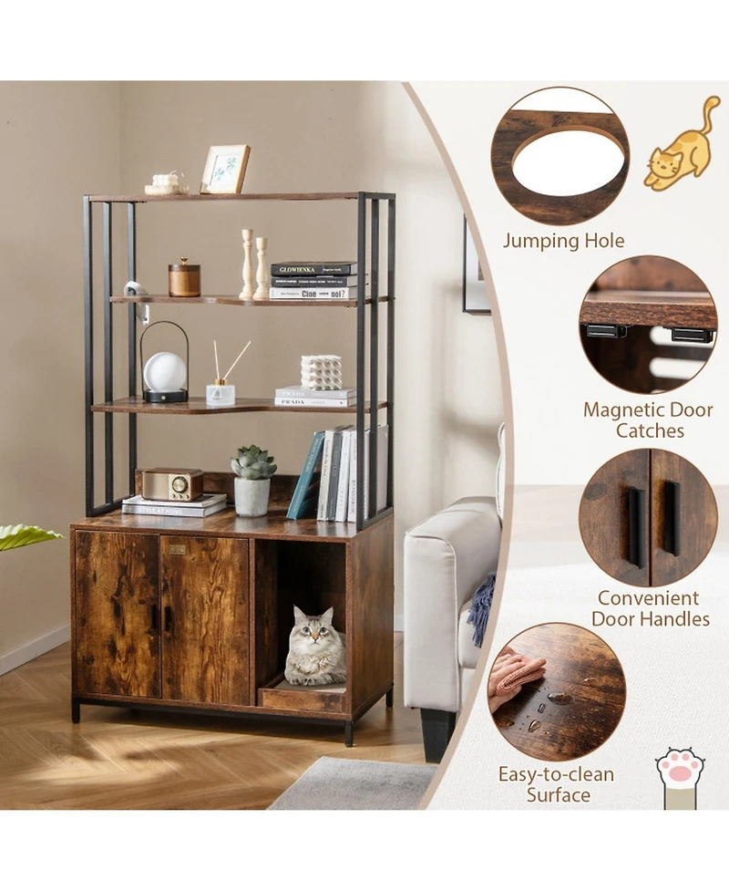 Hongge Tall Cat Litter Box Enclosure with 3-Tier Storage Shelves Ventilated Cabinet and Scratcher