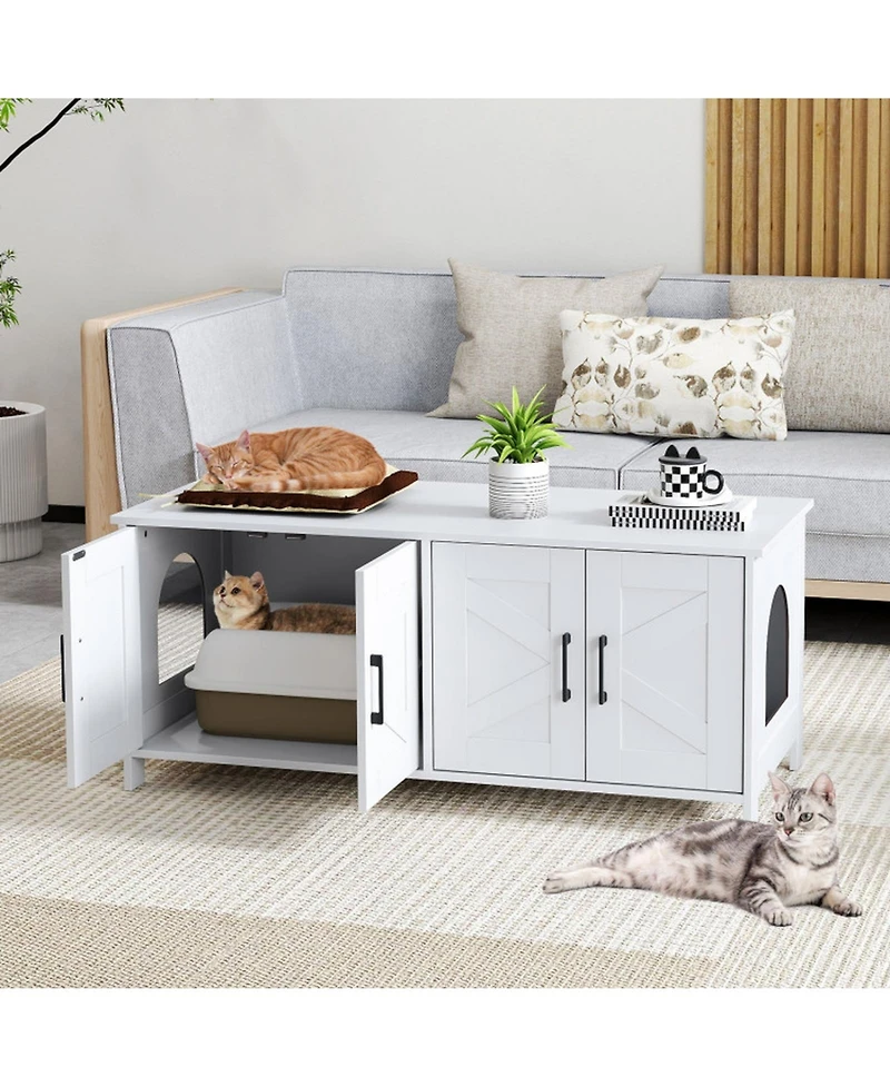 Hongge 48 in Cat Litter Box Enclosure for 2 Cats with Barn Doors and Large Tabletop
