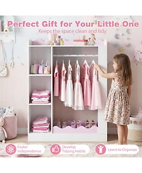 Hongge Kids Wardrobe Storage Closet with Full-Length Mirror Hanging Rack and Open Shelves