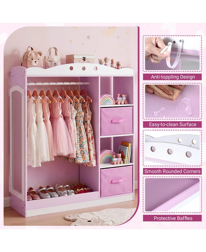 Hongge Kids Dress Up Storage Closet with Full-Length Mirror Hanging Rod and Fabric Drawers