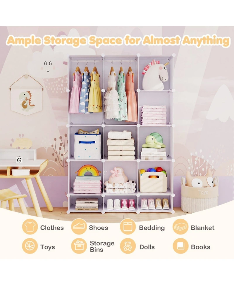 Hongge Modular Kids Wardrobe Closet with 13 Cubes Hanging Rods and Stackable Shelves