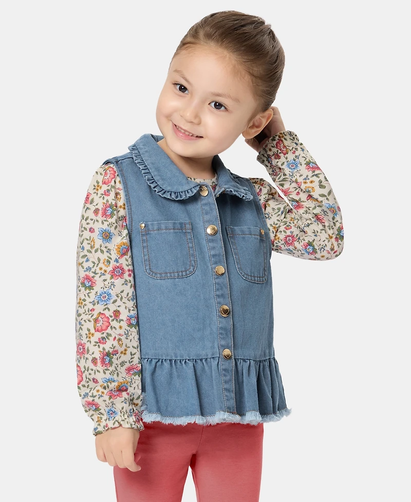 Kids Headquarters Toddler Girls' 2T-4T Denim Vest, Long-Sleeve Top and Leggings, 3-Piece Set