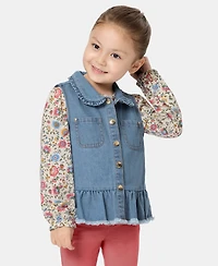 Kids Headquarters Toddler Girls' 2T-4T Denim Vest, Long-Sleeve Top and Leggings, 3-Piece Set
