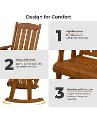 Solid Wood Outdoor Rocking Chair, All-Weather High Back Patio Rocker with Comfortable Recline and Contoured Seat Deep Brown)