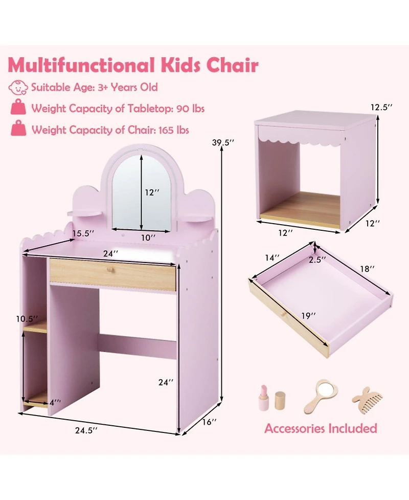 Hongge Lighted Makeup Mirror 2-Piece Vanity and Chair Set, Ages 3+