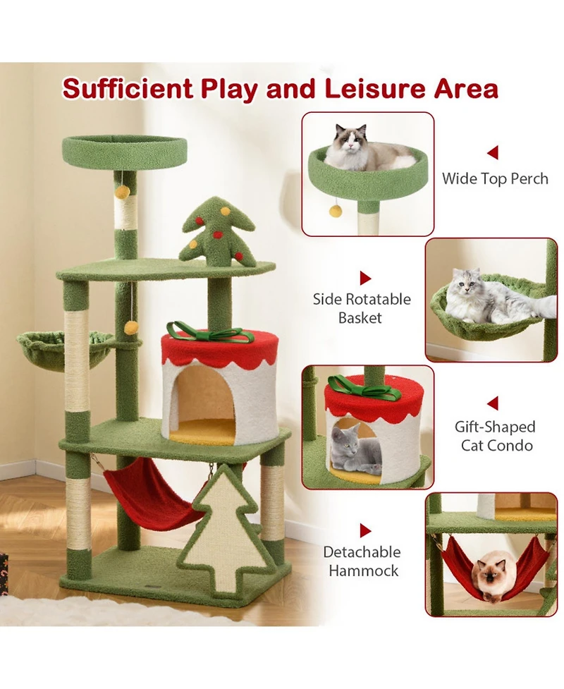 Hongge Christmas Cat Tree with Gift Box Shaped Condo, 52 Inch