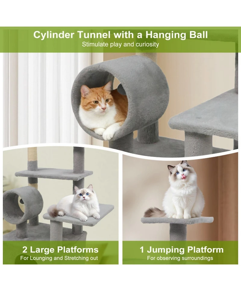 Hongge 48 Inch Multi-Level Cat Tree with Cylinder Play Tunnel
