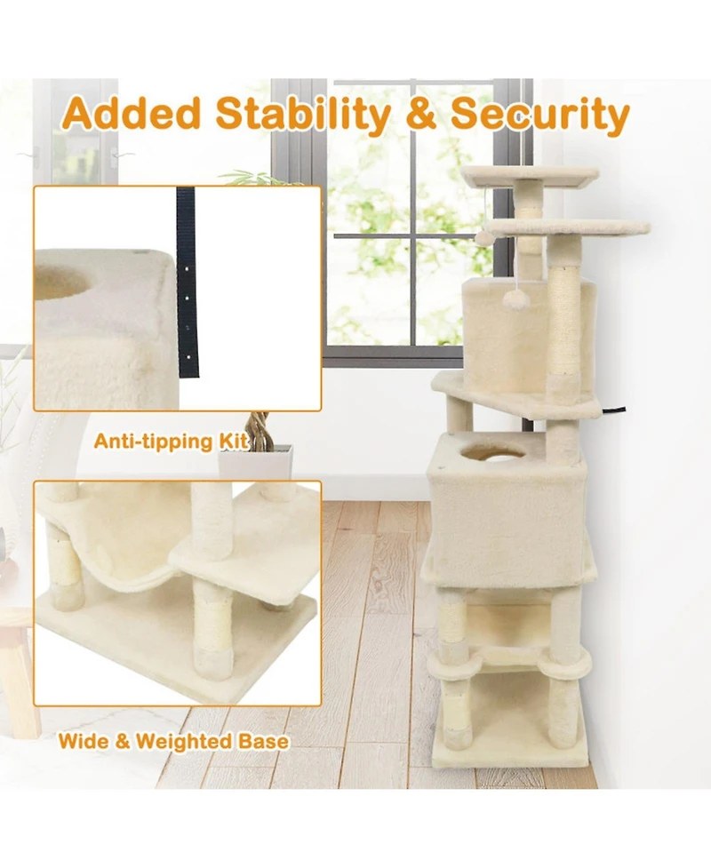 Hongge 57 Inch Cat Tree with Dual Condos on a Wide 29 Inch Base