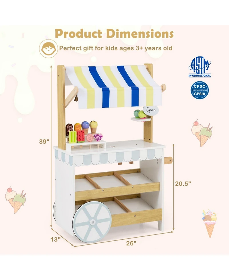 Hongge 2-in-1 Wooden Ice Cream Cart and Grocery Store Playset for Kids