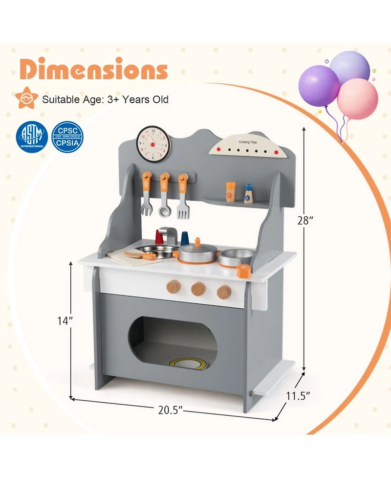 Hongge Wooden Learning Clock Play Kitchen, 12-Piece Set, Ages 3+