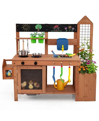 Hongge Outdoor Mud Kitchen with Removable Birdcage and Planter Box, Ages 3+