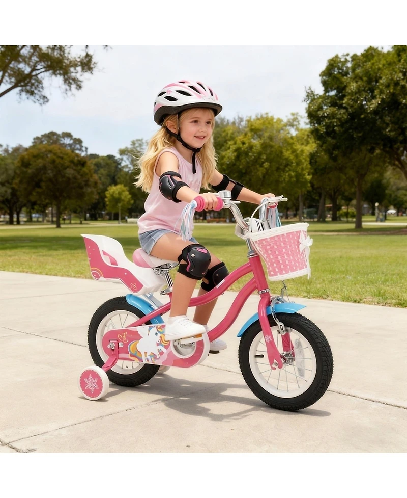 Hongge 12-Inch Girls' Bike with Doll Seat, Front Basket and Training Wheels, Ages 3-4