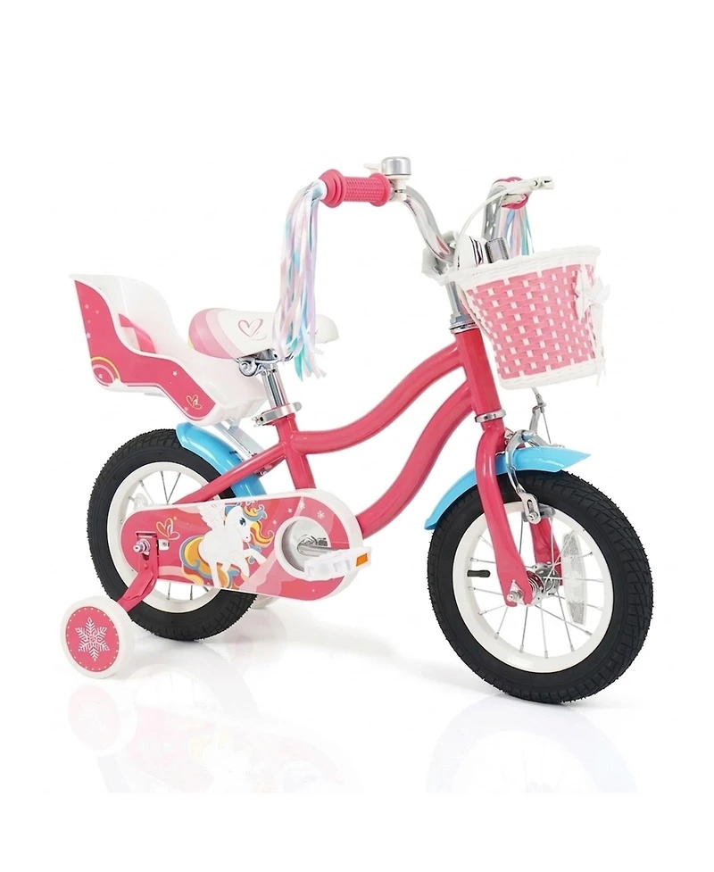 Hongge 12-Inch Girls' Bike with Doll Seat, Front Basket and Training Wheels, Ages 3-4