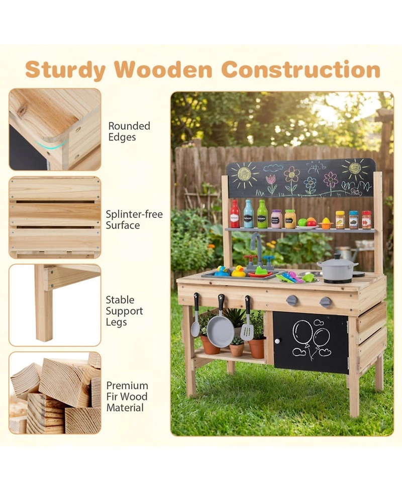 Hongge Kids Wooden Outdoor Mud Kitchen with Stainless Steel Sink and Stoves Ages 3