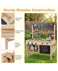 Hongge Kids Wooden Outdoor Mud Kitchen with Stainless Steel Sink and Stoves Ages 3