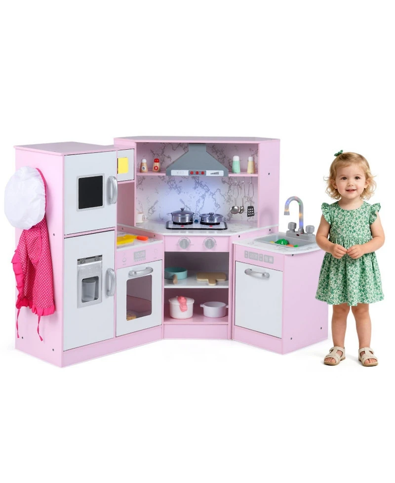 Hongge Kids Corner Play Kitchen Playset with Sensor Faucet and Sound Lights Ages 3