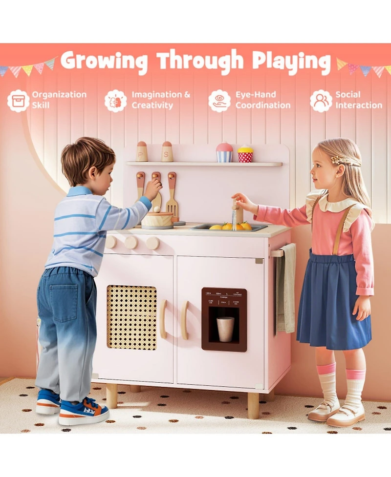 Hongge Kids Wooden Play Kitchen Playset with Working Ice Maker and Sink Ages 3