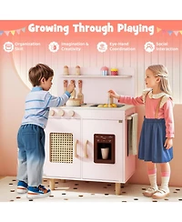 Hongge Kids Wooden Play Kitchen Playset with Working Ice Maker and Sink Ages 3