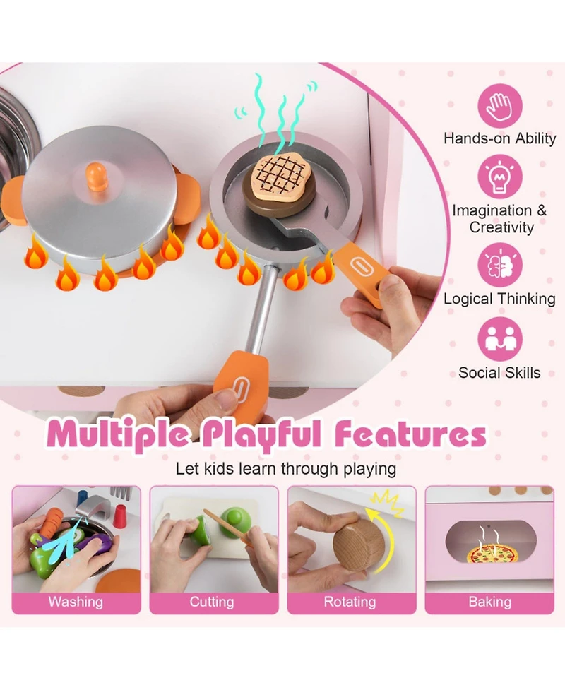 Hongge Wooden Double-Burner Play Kitchen with Learning Clock, 12-Piece Set, Ages 3+