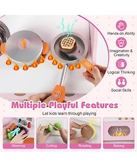 Hongge Wooden Double-Burner Play Kitchen with Learning Clock, 12-Piece Set, Ages 3+