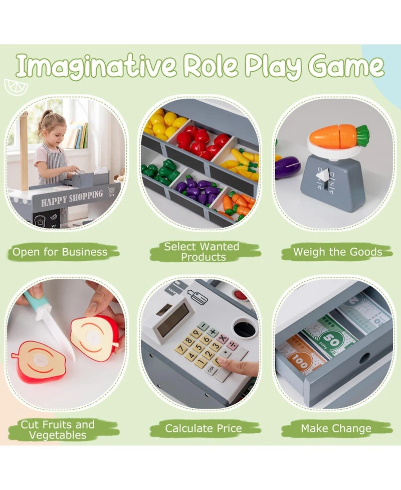 Hongge Kids' Wooden Grocery Store Playset with Shopping Cart and Cash Register, Ages 3+