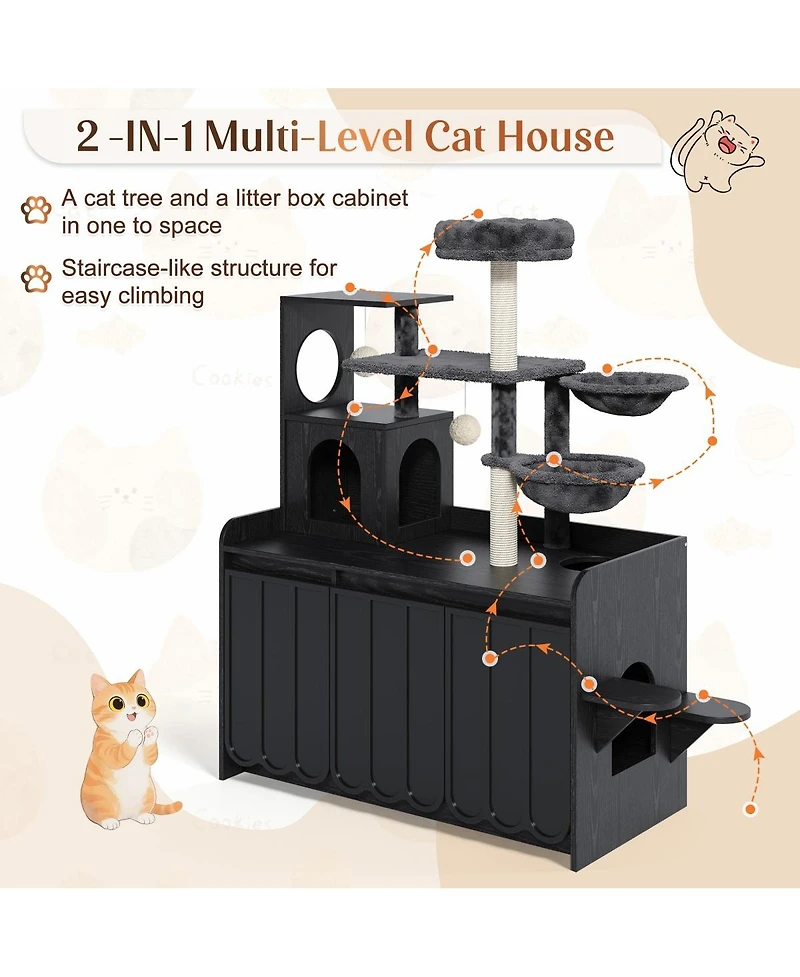 6thdruple 50.6" Cat Tree with Hidden Litter Box, Multi-Level Tower Storage and Hammocks