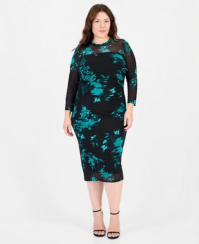 Anne Klein Plus Size Long-Sleeve Floral-Print Boat Neck Midi Dress