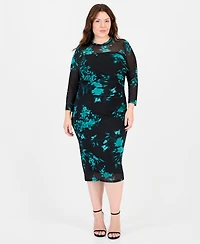 Anne Klein Plus Size Long-Sleeve Floral-Print Boat Neck Midi Dress