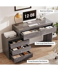 Tribesigns Computer Desk with 5 Drawers: Home office desk with file cabinet and printer stand. Rustic workstation for small spaces