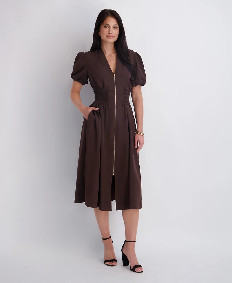 Kensie Women's Puff-Sleeve Smocked-Waist A-Line Midi Dress