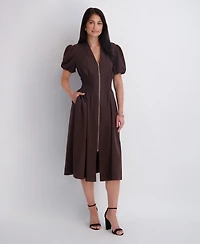 Kensie Women's Puff-Sleeve Smocked-Waist A-Line Midi Dress