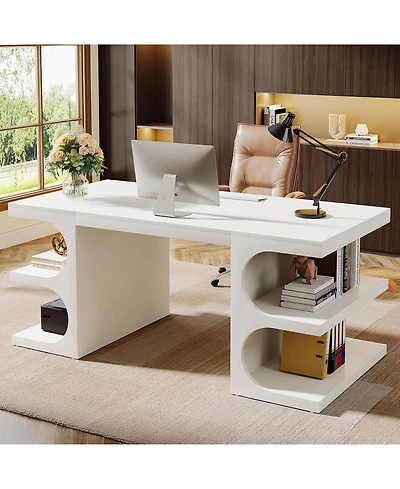 Tribesigns 63'' Modern Executive Office Desk, Large Computer Home Office Desk with Storage Shelves, Wood Study Writing Table