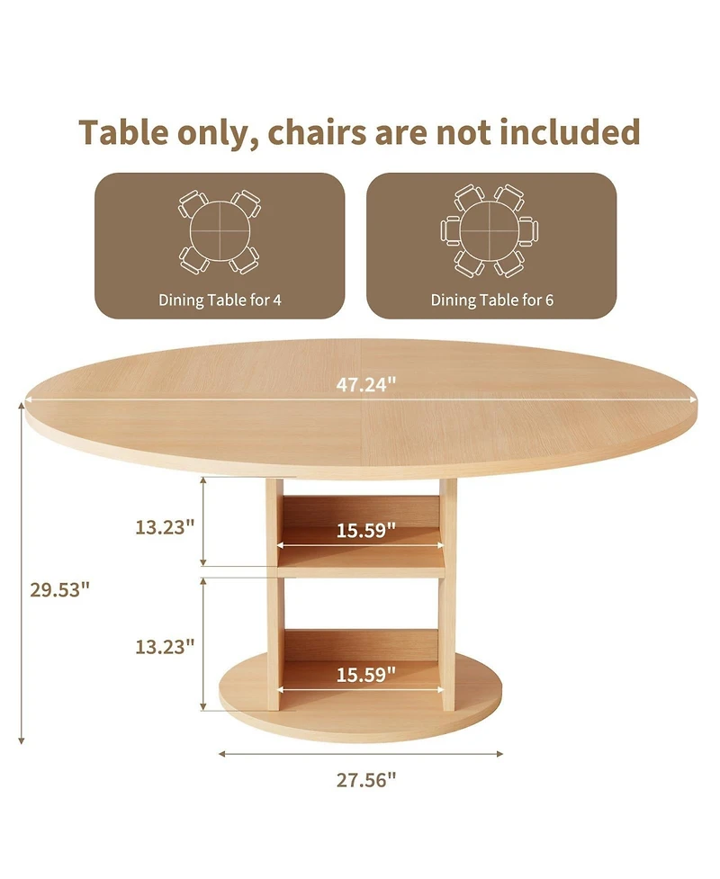 homfan 47.24" round farmhouse dining table seats 4-6, featuring a sturdy wood base and 2-layer storage shelf for kitchen or dining spaces.