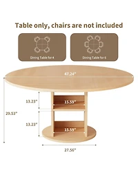 homfan 47.24" round farmhouse dining table seats 4-6, featuring a sturdy wood base and 2-layer storage shelf for kitchen or dining spaces.