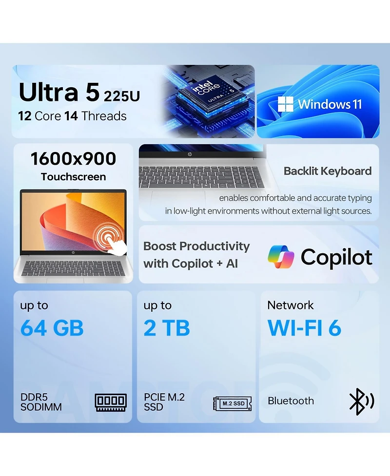 Hp 17.3" Touchscreen Business Copliot Ai Laptop, Intel Core Ultra 5 225U, 64GB DDR5 Ram, 2TB Ssd, Wi-Fi 6, Win11 Home