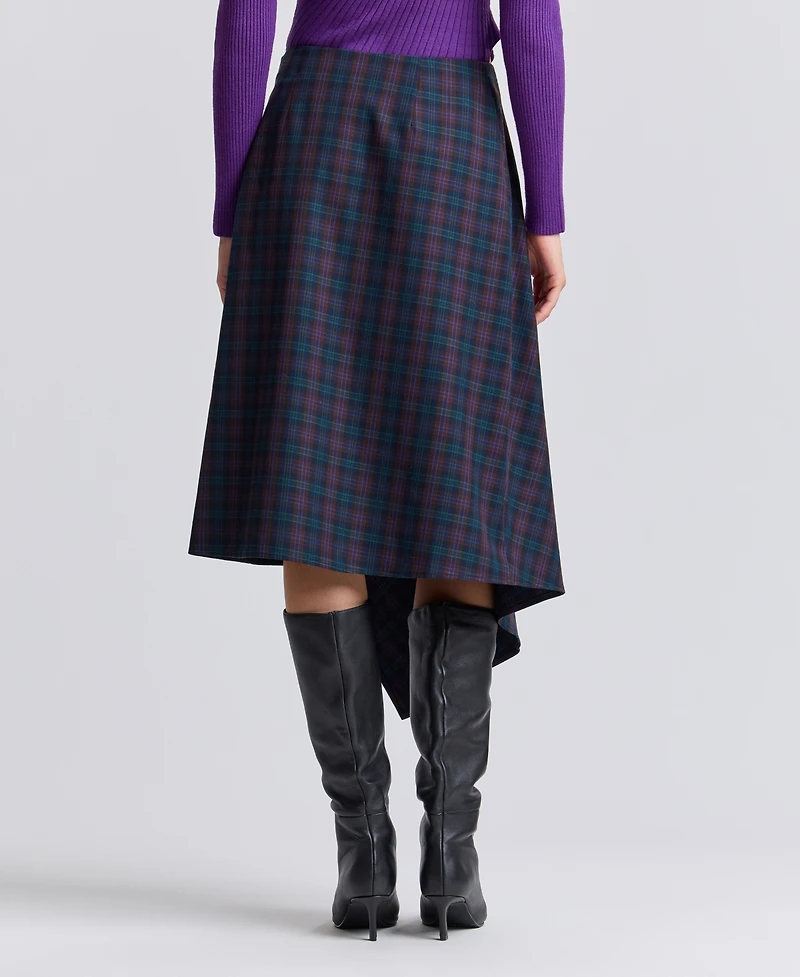 Avec Les Filles Women's Plaid Asymmetrical Wrap Midi Skirt