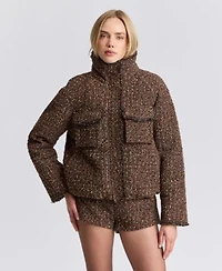 Avec Les Filles Womens Mock Neck Raglan Puffer Jacket High Waisted Micro Mini Shorts