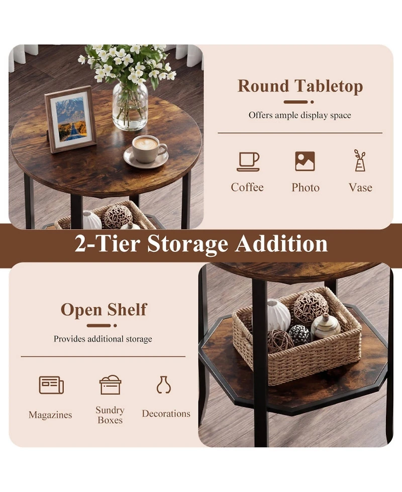 Sugift Round Side Table Small End Table with Storage Shelf 2-Tier for Small Space