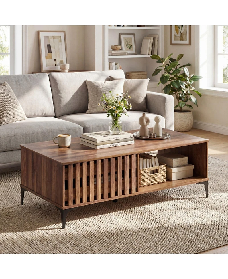 Sugift 47 in Mid-Century Farmhouse Wooden Coffee Table with Open Storage