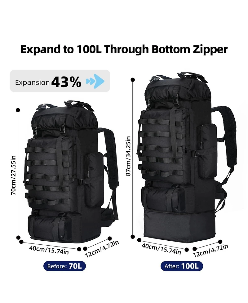 Piscifun 70L 100L Expandable Waterproof Hiking Backpack With Rain Cover Molle System For Camping Trekking