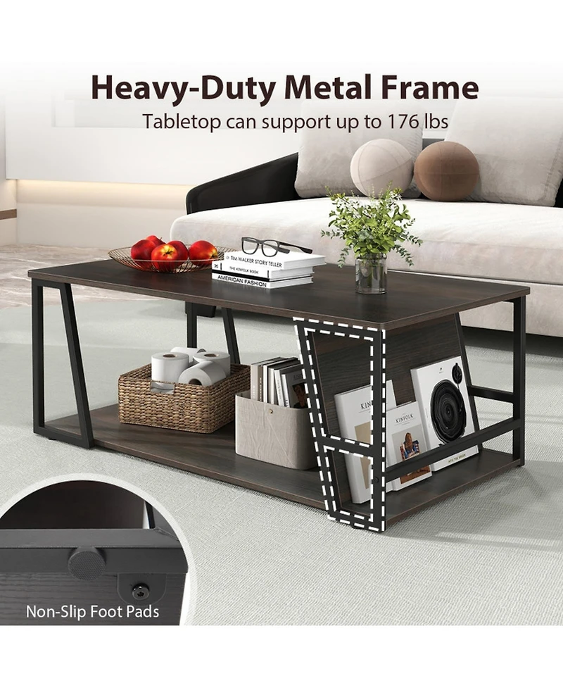 Sugift 2-Tier Industrial Rectangle Coffee Table with Storage Shelf and Side Compartment