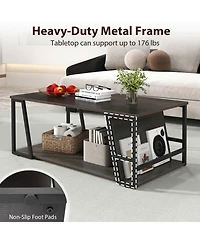 Sugift 2-Tier Industrial Rectangle Coffee Table with Storage Shelf and Side Compartment