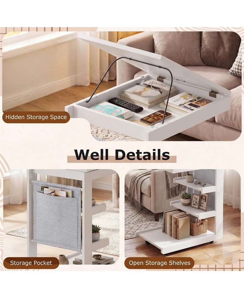 Sugift C-Shaped End Table with Wheels and 3-Angle Adjustable Desktop for Sofa Couch Bedside