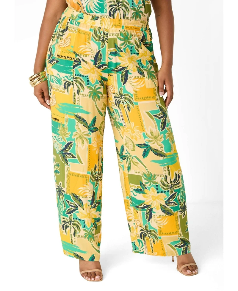 Ashley Stewart Plus High-Rise Wide-Leg Tropical-Print Pants, 31" Inseam