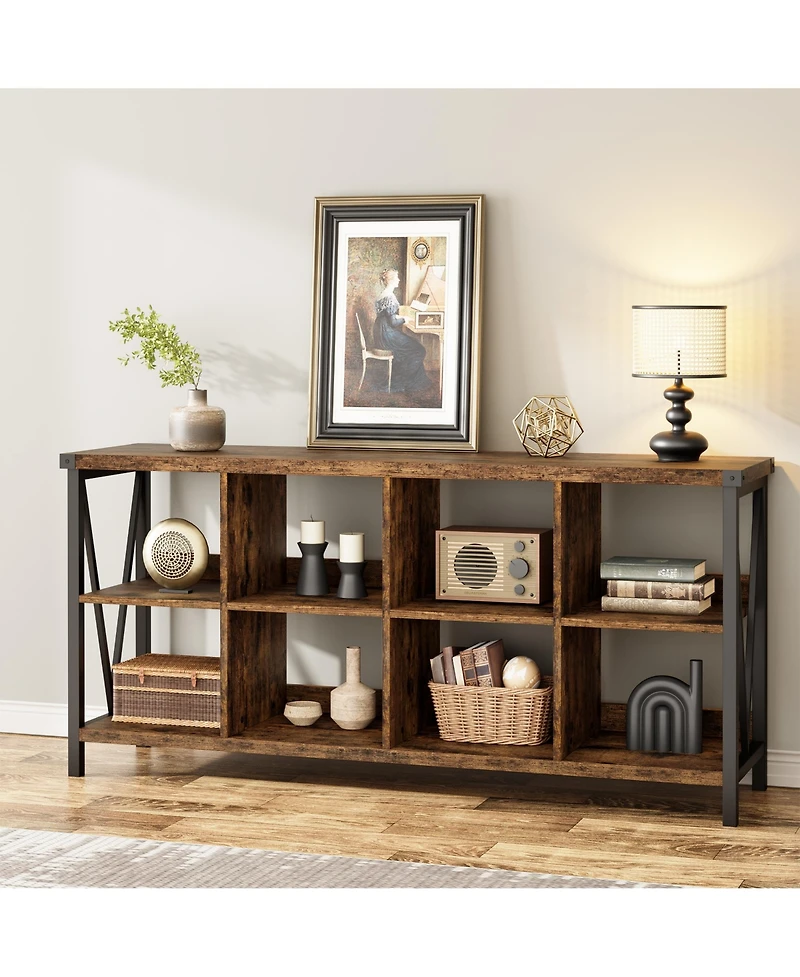homfan 8-Cube Bookshelf Storage Organizer with Industrial Metal Frame, 62" Console Table, Tv Stand, Rustic Farmhouse Style